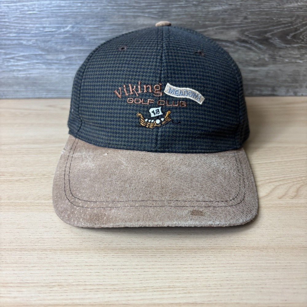 Vintage Viking Meadows Golf Club Hat Cap Strap Back Green Check Golf Mens